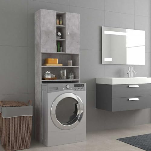 homiuse Waschmaschinenschrank Betongrau 64x25,5x190 cm Waschmaschinenüberbauschrank Badschrank Waschküche Möbel mit 2 Türen / 9 Fächern Platzsparendes Modisches Design Robust & Langlebig von homiuse