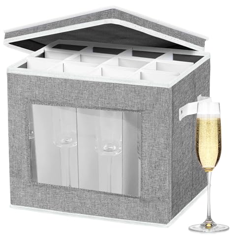 homyfort Aufbewahrungsbox für Stielgläser, Hartschale, Champagnerflöte, Aufbewahrungsbox mit Trennwänden für 12 Kristallgläser, Grau von homyfort