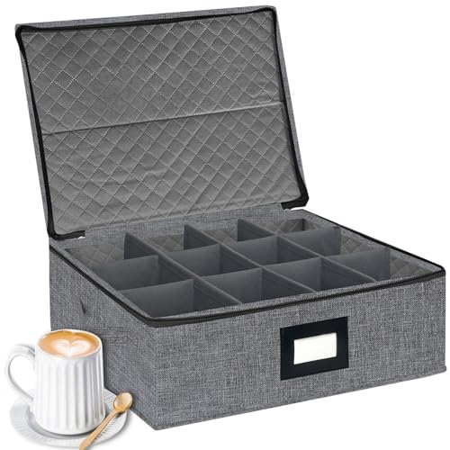 homyfort Becher Kaffee Aufbewahrungsbox mit Trennwänden - Stapelbare Glasporzellan Vorratsdosen Hartschale mit Deckel, Etikett und Griffen, hält 12 Kaffeebecher und Teetassen (Dunkelgrau) von homyfort