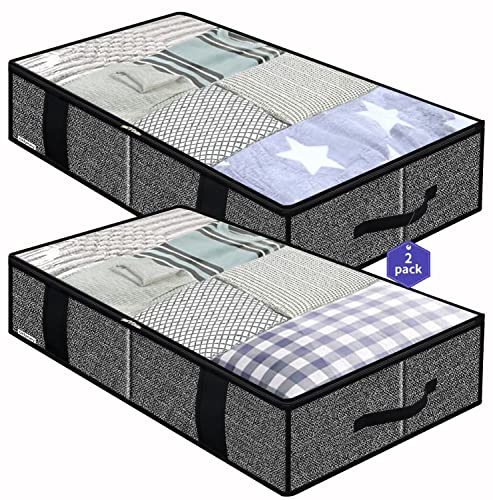 homyfort Unterbett-Aufbewahrungstaschen aus Stoff,mit 4 Griffen, 2 Reißverschlüssen und großem transparentem Fenster, für Kleidung, Decken,faltbar mit stabiler Struktur, 2er-Pack,Schwarz,XAUBBSS2P von homyfort