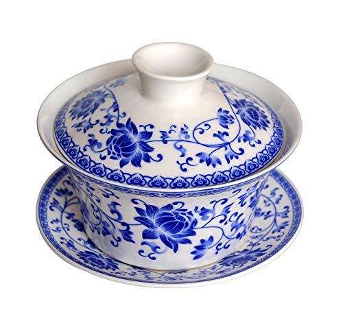 honeylive Gaiwan Chinese Sancai Terrine-Tablett, 150 ml-200 ml, blau-weißer Porzellan-Untertassendeckel (Simple A 5 oz) von honeylive