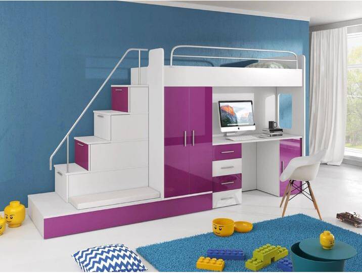 Hochbett mit Schreibtisch FELIX Schrank Treppe und Gästebett in Hochglanz Einzelbett von hood.de
