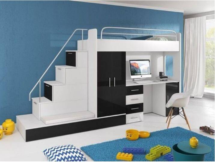 Hochbett mit Schreibtisch FELIX Schrank Treppe und Gästebett in Hochglanz Einzelbett von hood.de