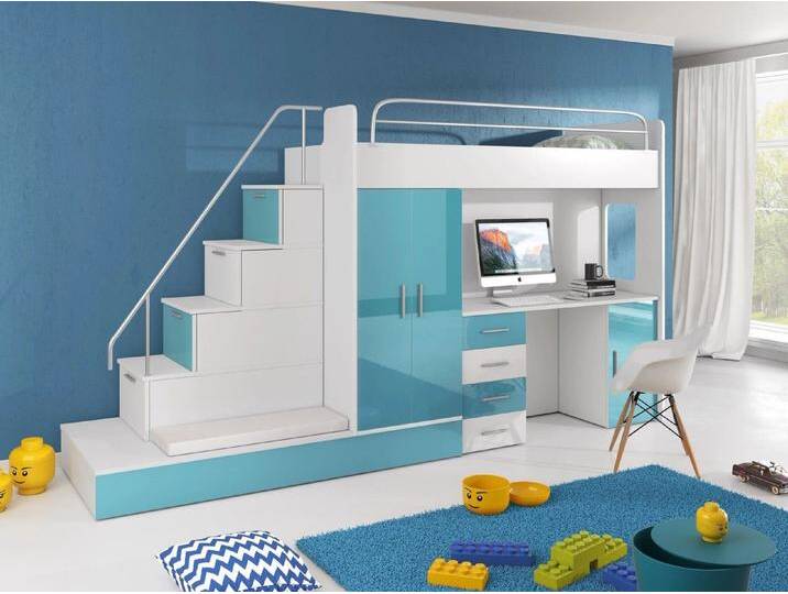 Hochbett mit Schreibtisch FELIX Schrank Treppe und Gästebett in Hochglanz Einzelbett von hood.de