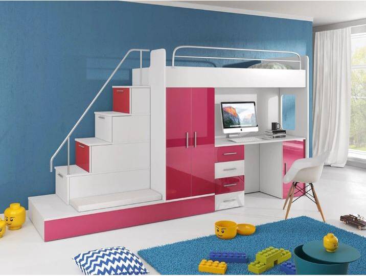Hochbett mit Schreibtisch FELIX Schrank Treppe und Gästebett in Hochglanz Einzelbett von hood.de