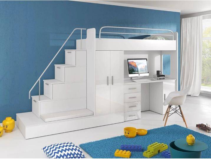 Hochbett mit Schreibtisch FELIX Schrank Treppe und Gästebett in Hochglanz Einzelbett von hood.de