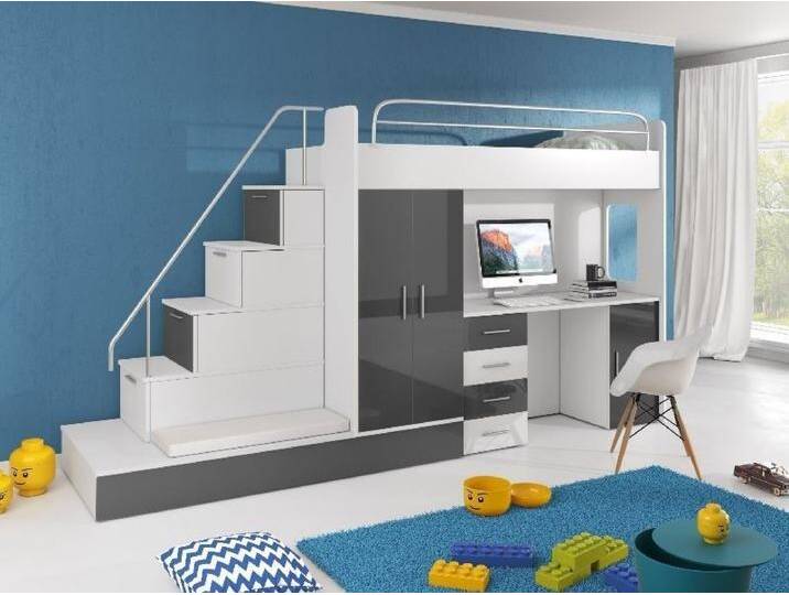 Hochbett mit Schreibtisch FELIX Schrank Treppe und Gästebett in Hochglanz Einzelbett von hood.de