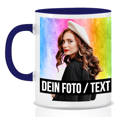 Fototasse selbst gestalten, Keramik - Personalisierte Tasse mit Foto und Text personalisiert mit eigenem Foto Motivtasse Geschenktasse Firmentasse, Dunkelblau von hoppala