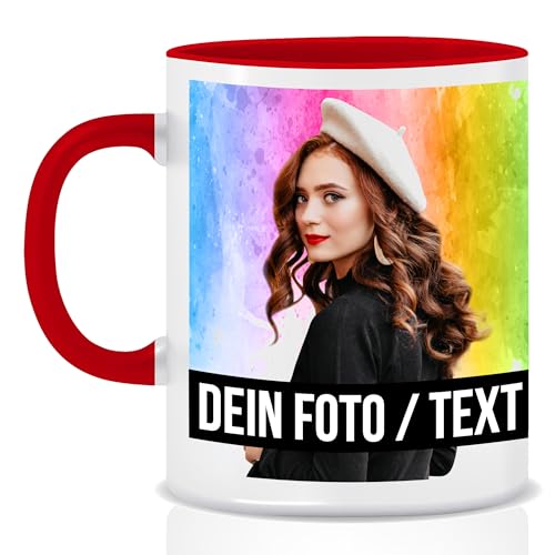 Fototasse selbst gestalten, Keramik - Personalisierte Tasse mit Foto und Text personalisiert mit eigenem Foto Motivtasse Geschenktasse Firmentasse, Rot von hoppala