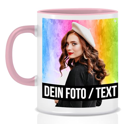 Fototasse selbst gestalten, Keramik - Personalisierte Tasse mit Foto und Text personalisiert mit eigenem Foto Motivtasse Geschenktasse Firmentasse, Pink von hoppala