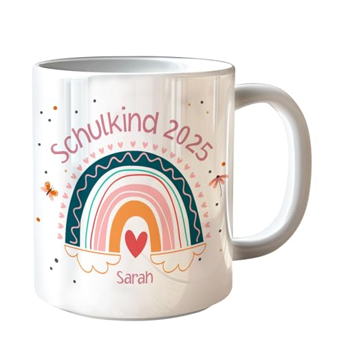 Tasse Schulkind 2025 mit Namen für Mädchen Personalisiert Einschulung Regenbogen Geschenk für Erstklässler Schule Grundschule Geschenkidee Schulbeginn 2025 - Weiß von hoppala