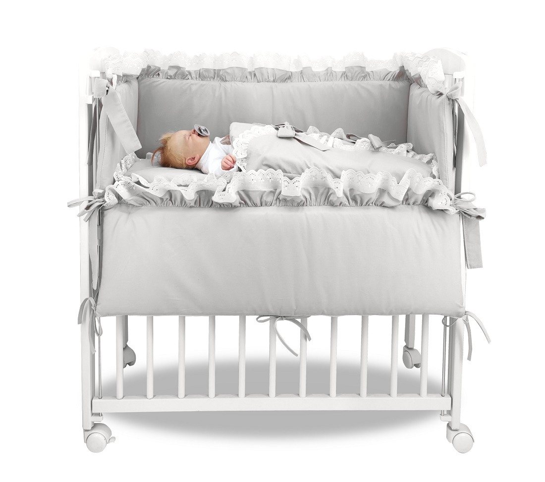 hopsibaby Beistellbett 3in1 Babybett Edel ROYAL SET Grau, Rosa, Spitze-Weiß, 5-tlg., inkl. Nestchen, Steckkissen, Bettlaken von hopsibaby