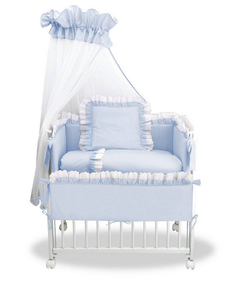 hopsibaby Beistellbett Babybett Komplettbett Royal BLAU, Spitze-Weiß Stubenbett Hochwertig, Premium Baumwolle von hopsibaby