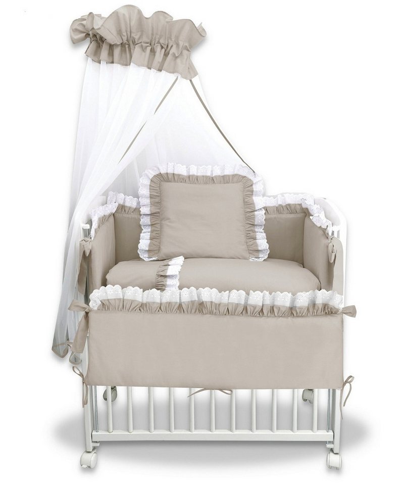 hopsibaby Beistellbett Baby 3in1 Babybett Komplettbett Royal Beige, Spitze-Weiß Stubenbett, Premium Baumwolle von hopsibaby