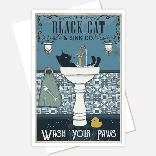 horakey Black Cat Sink Co Poster Wash Your Paws Leinwand Wandkunst Katzenreinigung Wandkunst Katzenliebhaber Geschenk Drucke Gemälde Retro Badezimmer Tier Wand Arthome WC Dekor Wanddekoration 40,6 x von horakey