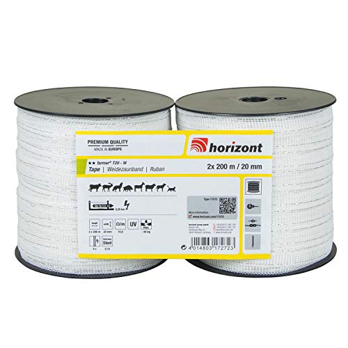 horizont Weidezaunband farmer T20-W im Doppelpack, 200 m lang, 20 mm breit, Breitband Litze, Weidezaun Strom, Elektrozaun, für kurze Zäune, 90 kg Bruchlast, Band, Litze Weidezaun von horizont