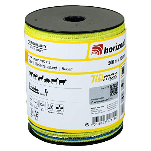 horizont Weidezaunband ranger FLUO T12, 200 m lang, 12 mm breit, Breitband Litze, Weidezaun Strom, Elektrozaun, für mittlere Zäune, 60 kg Bruchlast, Band, Litze Weidezaun von horizont