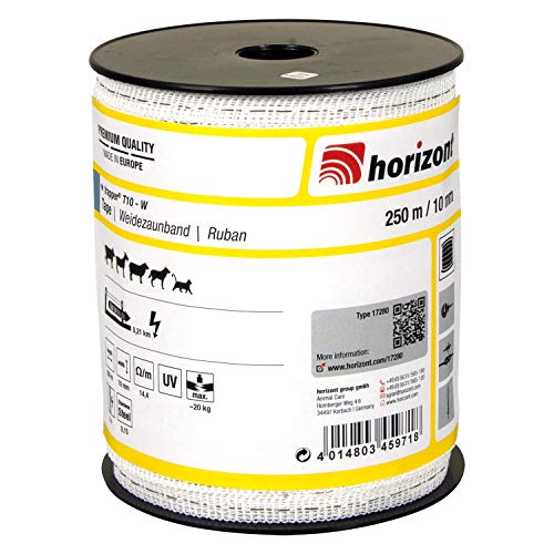 horizont Weidezaunband trapper T10-W 250 m lang, 10 mm breit, Breitband Litze, Weidezaun Strom, Elektrozaun, für kurze Zäune, 20 kg Bruchlast, Band, Litze Weidezaun von horizont