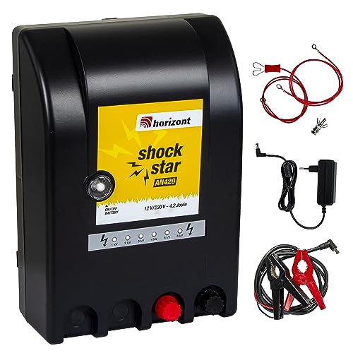 horizont Weidezaungerät 12V / 230V shockstar AN420 - Kombigerät - für 25km Zaunlänge & 12 Elektrozäune (50m) - Weidezaungerät mit LED-Anzeige und Stromsparschaltung von horizont