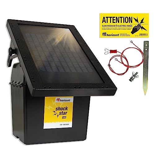 horizont Weidezaungerät Solar 9 V / 12 V - shockstar S40 mit 5 W Solarpanel - für über 5 km Zaun, für Pferde, Rinder, Schafe, Katzen, Hunde - 3-stufige LED-Anzeige, Stromsparschaltung von horizont