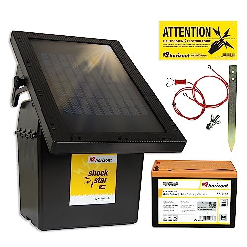 horizont Weidezaungerät Solar 9 V / 12 V - shockstar S40 mit 5 W Solarpanel und 9 V Batterie - für über 5 km Zaun, für Pferde, Rinder, Schafe, Katzen, Hunde - 3-stufige LED-Anzeige, Stromsparschaltung von horizont