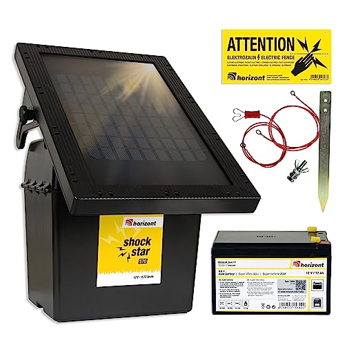 horizont Weidezaungerät Solar 9 V / 12 V - shockstar S70 inklusive 10 W Solarpanel und 12 Ah Akku - für Zaunlängen bis zu 12 km, 11.500 V maximale Spannung - mit 3 stufiger LED-Anzeige von horizont