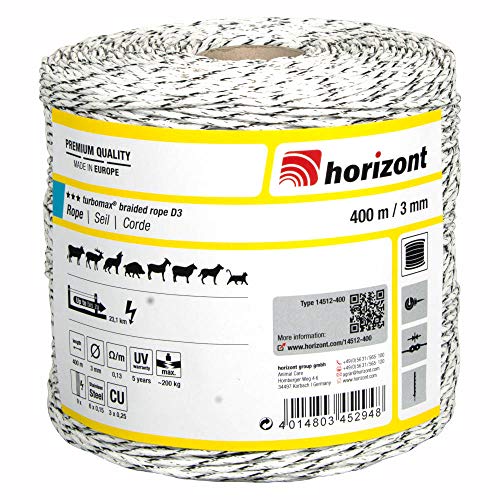 horizont Weidezaunseil turbomax® braided rope, 400m lang, 3mm breit, 200 kg Bruchlast, für lange bis sehr lange Zäune mit starkem Bewuchs, Weidezaunband, Breitband Litze, Elektrozaun von horizont
