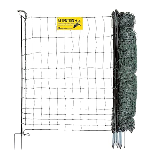 horizont strongLine Hühnerzaun 25m lang, 120cm hoch - 9 Fiberglaspfähle mit Doppelspitze - Geflügelzaun mit Strom, mobiler Zaun, Elektrozaun Hühner, Hühnerauslauf, Geflügelnetz von horizont