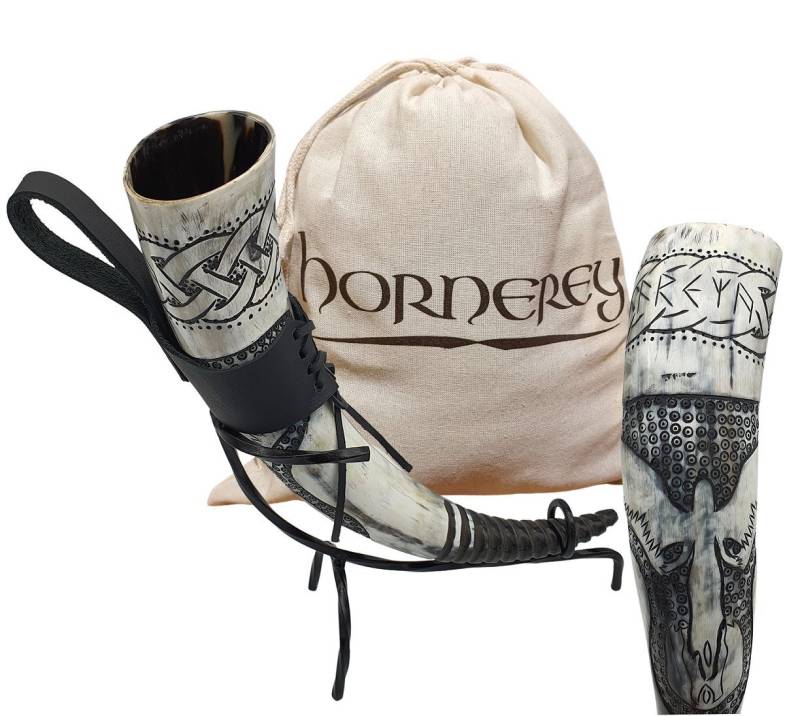 hornerey Bierkrug Trinkhorn "Freya's Horn", 500 ml Wikinger Trinkhorn Set von hornerey