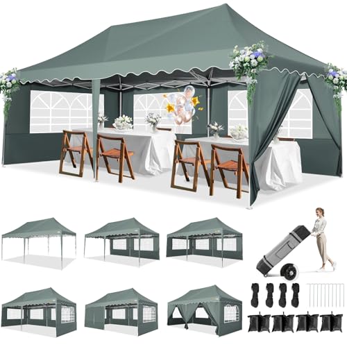 HOTEEL Partyzelt Pavillon 3x6 Gartenpavillon Faltpavillon Wasserdicht Stabil Pop Up Pavillon mit 6 Seitenwänden, 4 Sandsäcke,Tasche mit Rollen, für Hochzeiten Partys Picknick Markt, Grau Grün von Hoteel