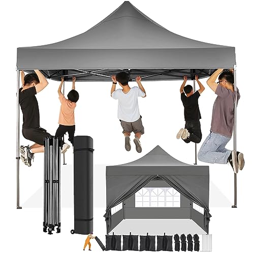 COBIZI Pavillon 3x3 Wasserdicht Stabil Winterfest mit Seitenwand u Sandsack,Popup Faltpavillon Partyzelt,Sonnenschutz Gartenpavillon für Strand Hochzeit Camping mit Tasche mit Rollen(3 mal 3m Grau) von COBIZI