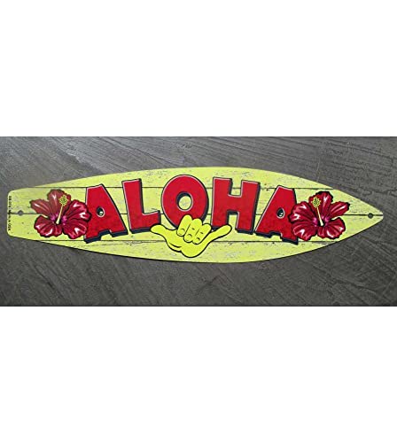 hotrodspirit - Aloha-Schild in Rot auf gelbem Hintergrund in Form eines Surfbretts mit amerikanischen Deko von hotrodspirit