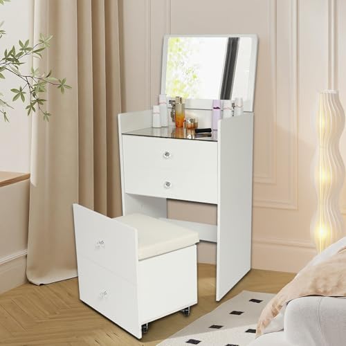 3-in-1 Schminktisch mit Spiegel, Schminktisch klein mit Glasplatte, Schminktische mit Hocker Rollen, Dressing Table schmal, Frisiertisch holz mit Stauraum 2 Schubladen, für Schlafzimmer (Weiß) von houcheyai