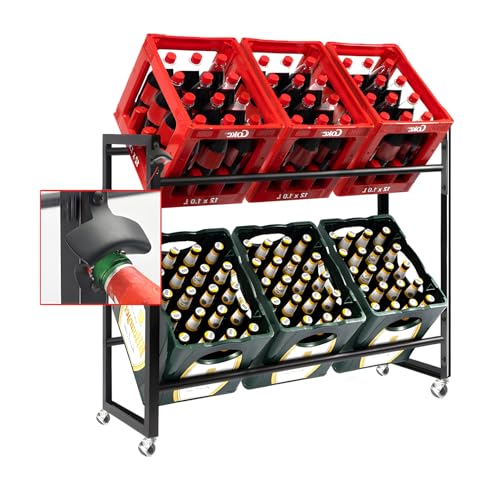 houcheyai GeträNkekistenregal 6 Kisten, Regal für GeträNkekisten, Chwarz Metall Mit FlaschenöFfner & Rollen, GeträNkeregal mit Ablage, Bierkisten Regal Platzsparend für Bier, Wasser, Obst, GemüSe von houcheyai