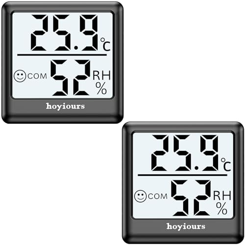 Thermometer Hygrometer Innen hoyiours Digitales Thermo-Hygrometer mit großem LCD Bildschirm, Smiley Indikator, 3s Schnell Refresh, Mini Luftfeuchtigkeit Monitor für Büro Schule Gewächshaus 2er schwarz von hoyiours