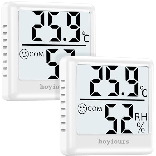 Thermometer Hygrometer Innen hoyiours Digitales Thermo-Hygrometer mit großem LCD Bildschirm, Smiley Indikator, 3s Schnell Refresh, Mini Luftfeuchtigkeit Monitor für Büro Schule Gewächshaus 2er Weiß von hoyiours