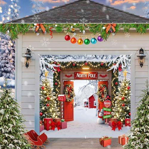 Weihnachts-Garagentor-Abdeckung, Dekoration, Banner, 2,1 x 2,4 m, großer hängender Winter-Garagentor, Nordpol, schneebedeckter Baum, Tannenzweig, Wandbild, Outdoor-Urlaubsdekorationen Weihnachts-Garagentor-Abdeckung, Dekoration, Banner, 2,1 x 2,4 m, großer hängender Winter-Garagentor, Nordpol, schneebedeckter Baum, Tannenzweig, Wandbild, Outdoor-Urlaubsdekorationen von hraiufc