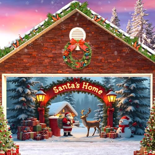 Weihnachts-Garagentor-Abdeckung, Dekoration, Banner, Hintergrund, 2,1 x 4,8 m, groß, zum Aufhängen, für den Winter, 2 Auto-Garagentorabdeckungen, verschneiter Baum, Weihnachtsmann, Rentier Weihnachts-Garagentor-Abdeckung, Dekoration, Banner, Hintergrund, 2,1 x 4,8 m, groß, zum Aufhängen, für den Winter, 2 Auto-Garagentorabdeckungen, verschneiter Baum, Weihnachtsmann, Rentier von hraiufc