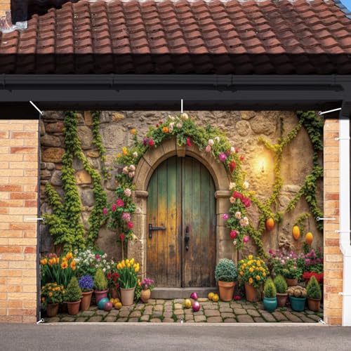 hraiufc Garagentorabdeckung für Ostern, Dekoration, Banner, Hintergrund, 3 x 2,4 m, grün, Polyester, rustikal, Blumen, Ostern, Blumen-Thema von hraiufc