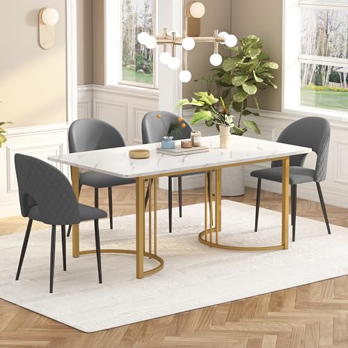 Essgruppe,(Set,140×80cm Esstisch mit 4 Stühlen), Moderner Küchentisch Set , Samt Esszimmerstuhl Mit Diamantmuster,Verstellbare Stuhlbeine,Grau Samt,MDF Tischplatte in Weißer,Golden Tischbeine von hrijusdif