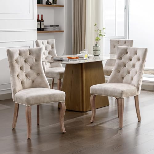 hrijusdif 4-Fußstuhl, Stuhl Hellbeige Samt Esszimmerstuhl,hohe Rückenlehne, mit Knopfsteppung, Gestell aus Massivholz, Hellbeige(Set, 4 St) von hrijusdif