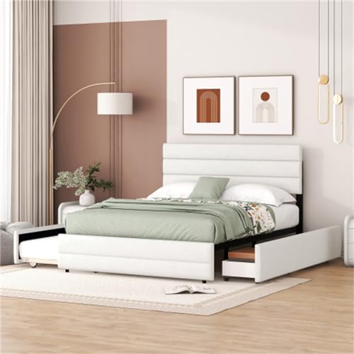 hrijusdif Doppelbett Polsterbett mit Holzlattenrost mit Schubladen und Ausziehbett für Erwachsene und Jugendliche, Plattformbett grün (Beige + Linen) von hrijusdif
