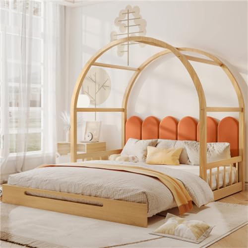 hrijusdif Doppeltes Kinderbett, ausziehbares Gewölbedachbett, Schiebebett, Schlafsofa, Holzbett für Jungen und Mädchen (Natural + Solid Wood+MDF) von hrijusdif