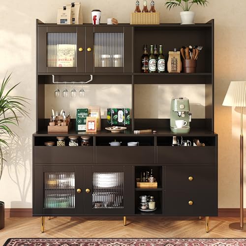 hrijusdif Esszimmer-Hochschrank (145 x 39 x 171 cm) mit Lochglastüren, Weinglasregal, mehrstufigem Stauraum, edles Schwarz mit Golddekor, geeignet für den Einsatz im Esszimmer von hrijusdif