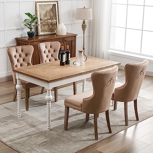 hrijusdif Esszimmerstuhl (Küchenstuhl Wohnzimmerstuhl mit einzigartigem Türklopfer auf der Rückseite, 4 St), Polsterstuhl mit Nagelkopfbesatz, Beinen aus Massivholz, Bezug aus Samt, braun von hrijusdif