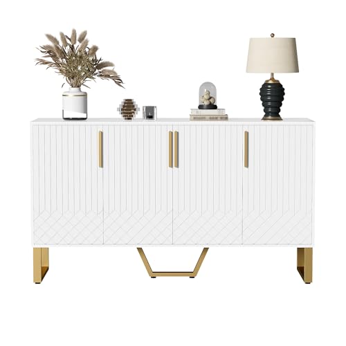 hrijusdif Hochglanz-Sideboard mit 4 Türen, Metallgriffe und -Beine, geometrisches Design, Weiß, 140L*40B*80H von hrijusdif