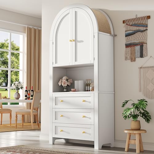 hrijusdif Hoher Bogen-Aufbewahrungsschrank mit Schubladen und Türen, freistehende hohe Bogen-Aufbewahrungstür für Küche und Wohnzimmer, weiße Bogenregale mit offenem Ausstellungsbereich von hrijusdif