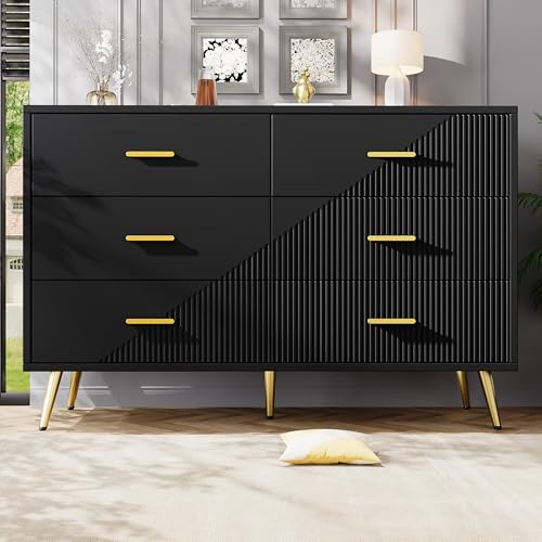 hrijusdif Schubladenkommode, Schwarzer Esszimmerschrank, sch und modern, geeignet für Schlafzimmer, Wohnzimmer, Esszimmer, dreidimensionales Schranktürdesign, goldene Beine, 6 geräumige Schubladen von hrijusdif