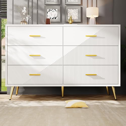 hrijusdif Schubladenkommode, weißer Esszimmerschrank, sch und modern, geeignet für Schlafzimmer, Wohnzimmer, Esszimmer, dreidimensionales Schranktürdesign, goldene Beine, 6 geräumige Schubladen von hrijusdif