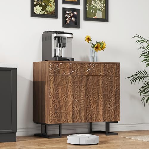 hrijusdif Sideboard Kommode 80×40×78cm–Dunkle Walnussoptik mit Blätterrelief–Metallbeine,2 Schubladen&2 Türen–Grifflose Anrichte für Wohnzimmer&Esszimmer von hrijusdif